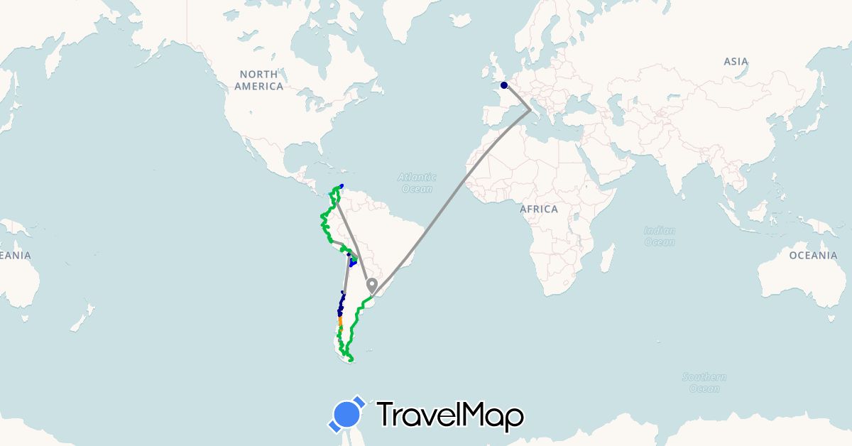 TravelMap itinerary: driving, bus, plane, hiking, boat, hitchhiking, 4x4 in Argentina, Bolivia, Chile, Colombia, Ecuador, France, Italy, Peru (Europe, South America)